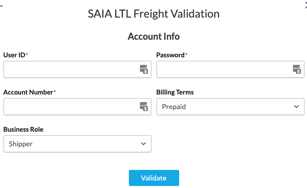 Enter your Saia LTL Freight credentials to complete installation of carrier in ShipperHQ