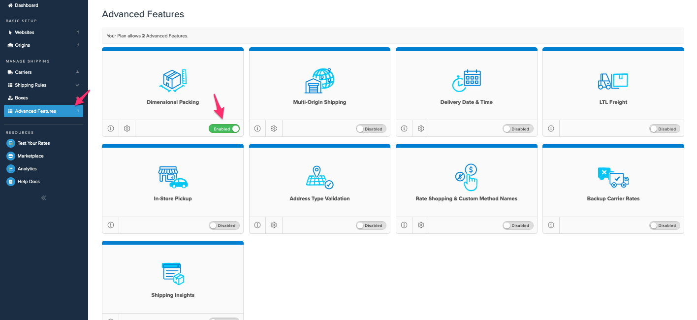 Enabled ShipperHQ's Dimensional Shipping feature under the Advanced Features page