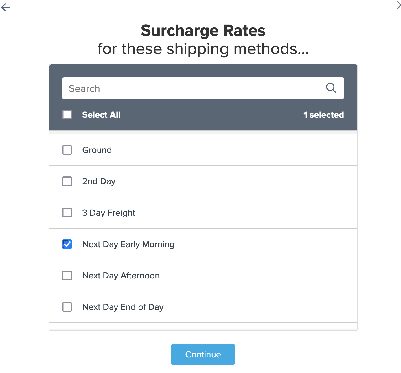 Example showing selecting shipping methods on which the surcharge will be applicable.