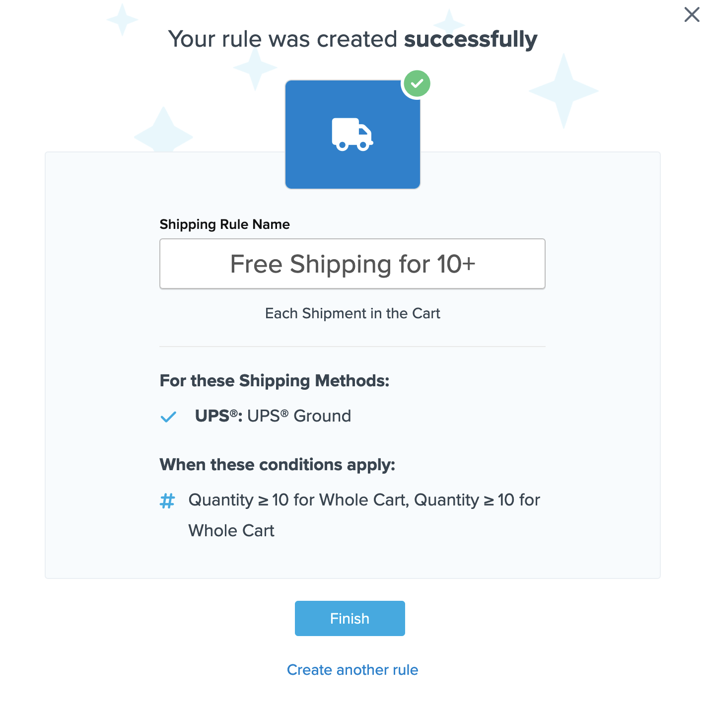 Example showing summary of the free shipping rule before making it live by clicking on Finish button.