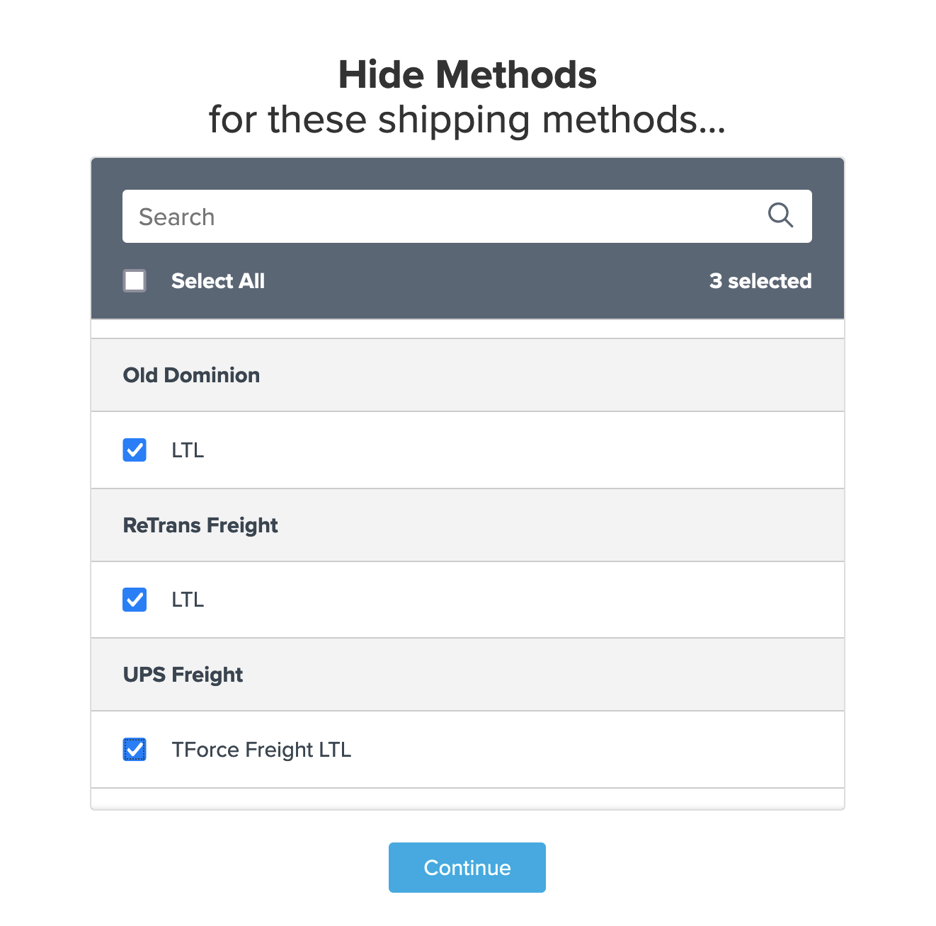 Example showing selecting LTL shipping methods to hide through this shipping rule.