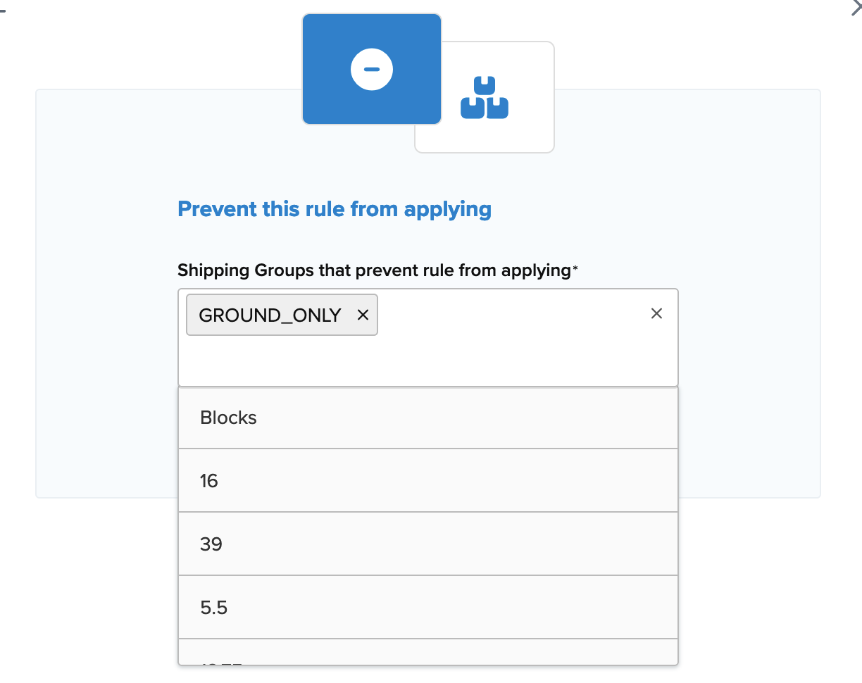 Example showing selecting Shipping Groups that will prevent the rule from applying.