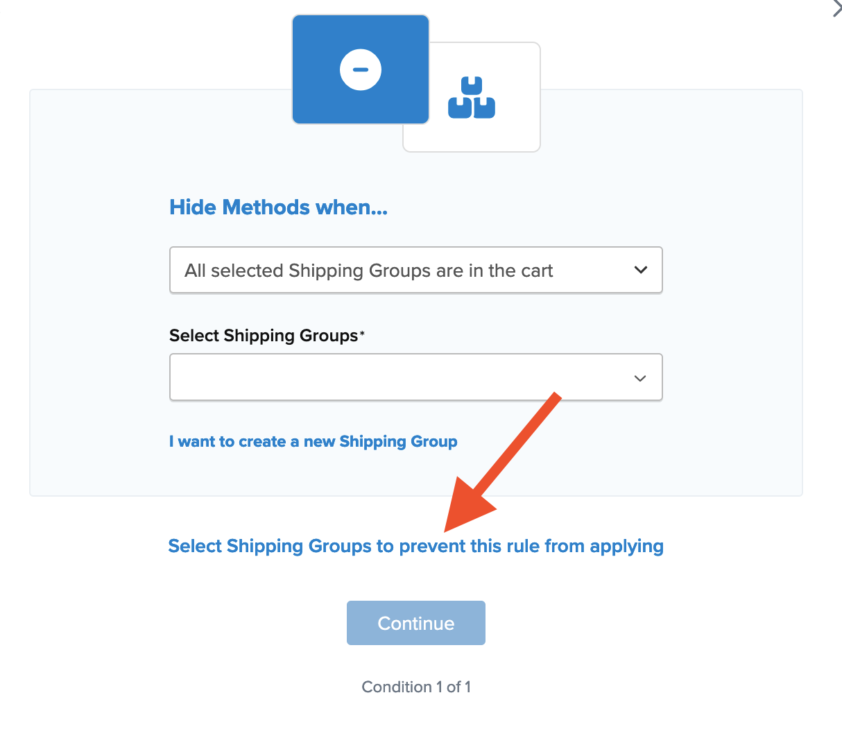 Setting to select if you want to configure shipping group that will prevent this rule from applying.