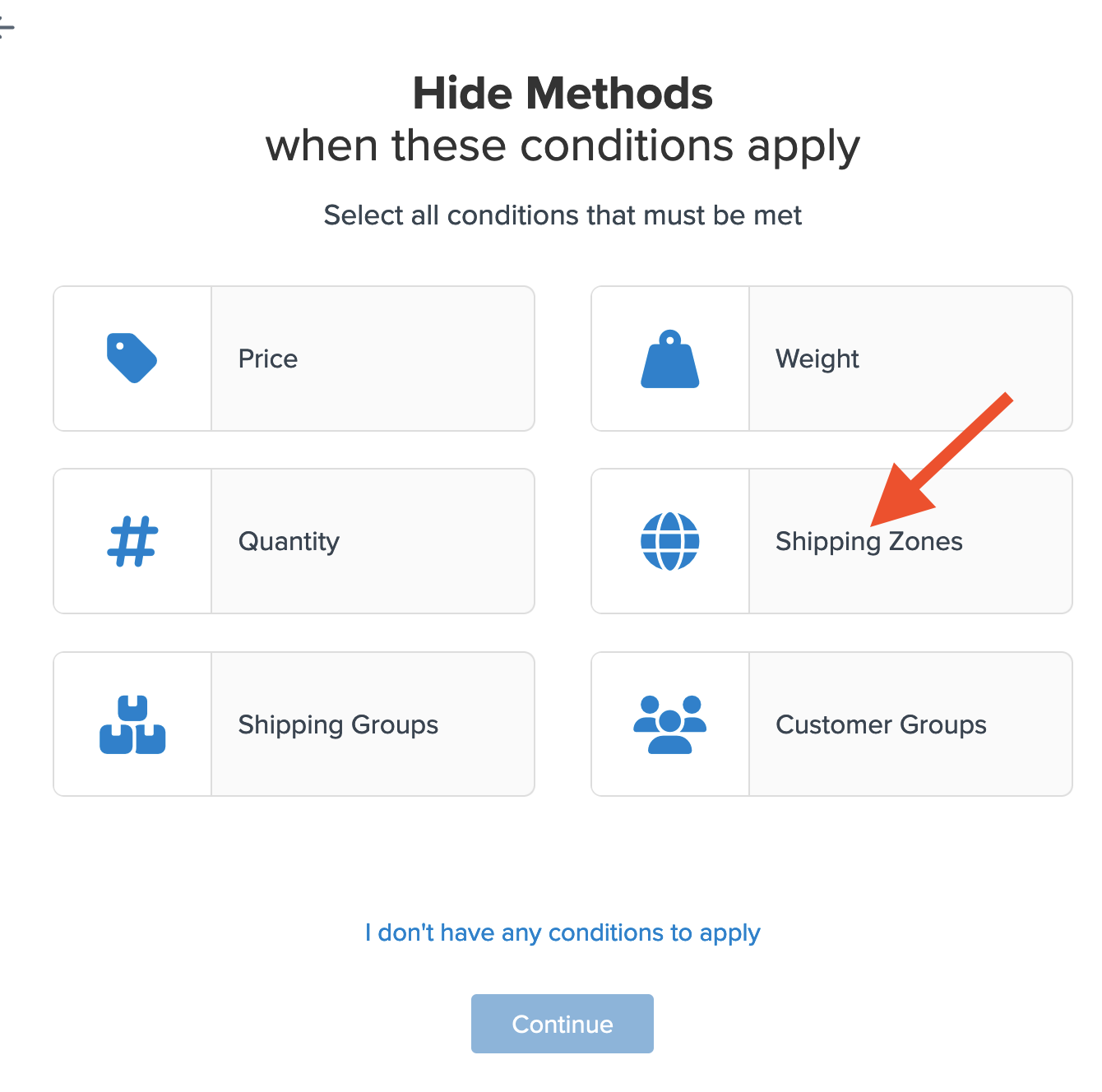 Location to select Shipping Zones as the condition for the rule.