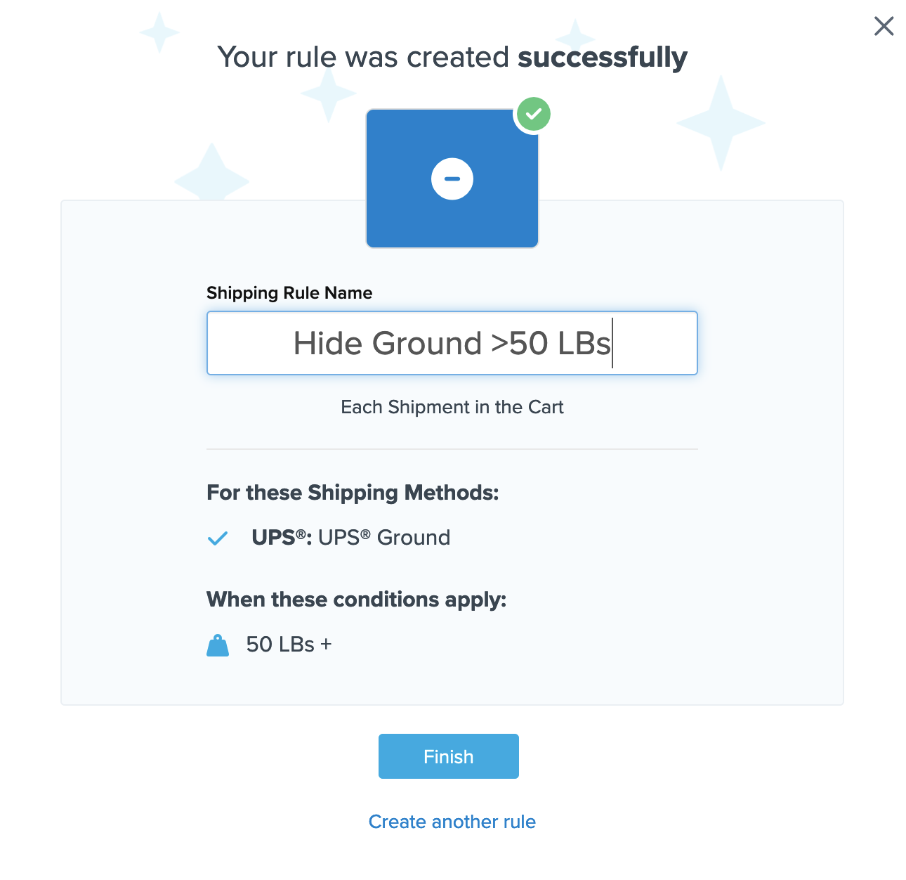 Sample of how a shipping rule summary will look before you can click Finish and complete the rule creation.