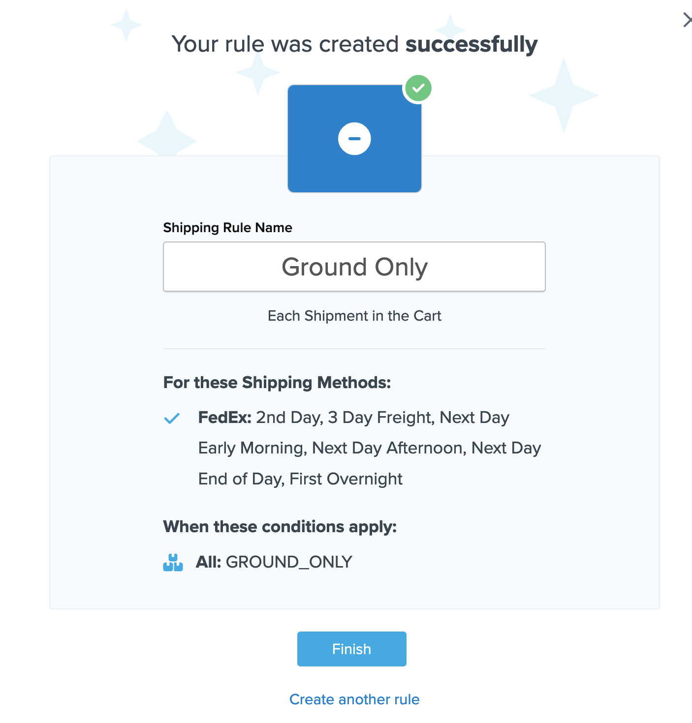 Example showing summary of the shipping rule before you click on Finish to make the rule live.