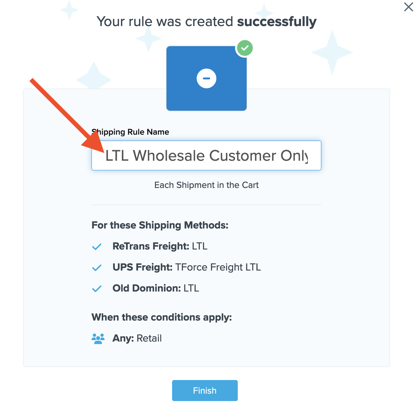 Example showing summary of a shipping rule as the last step before saving it.