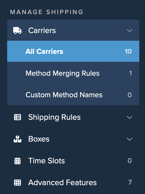 ShipperHQ dashboard navigation to locate Carriers section