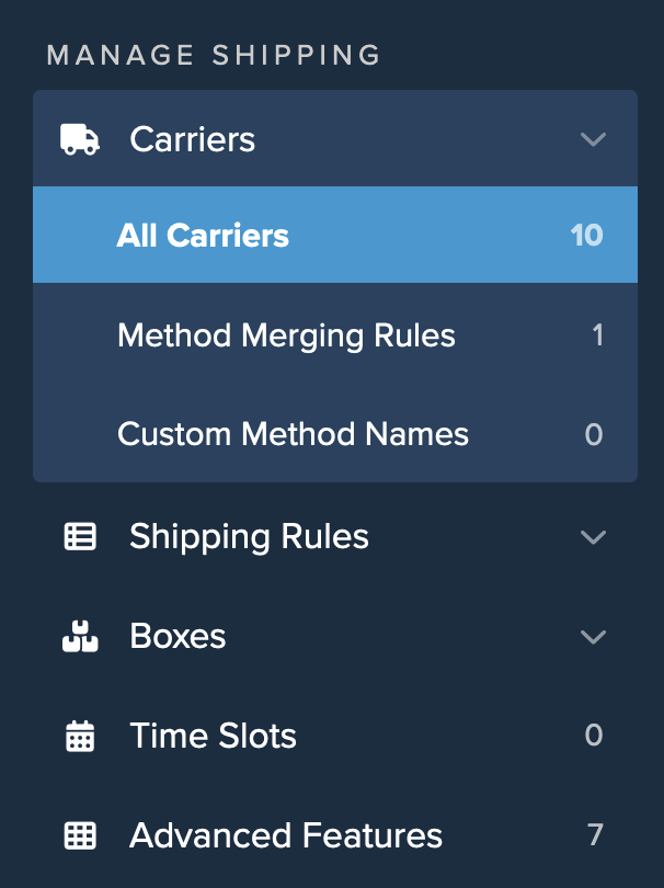 Location of All Carriers option under Carriers menu on dashboard. Here you can view all carriers that have been set up and configure new one's.