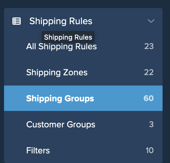 Location of Shipping Groups under Shipping Rules menu on dashboard.