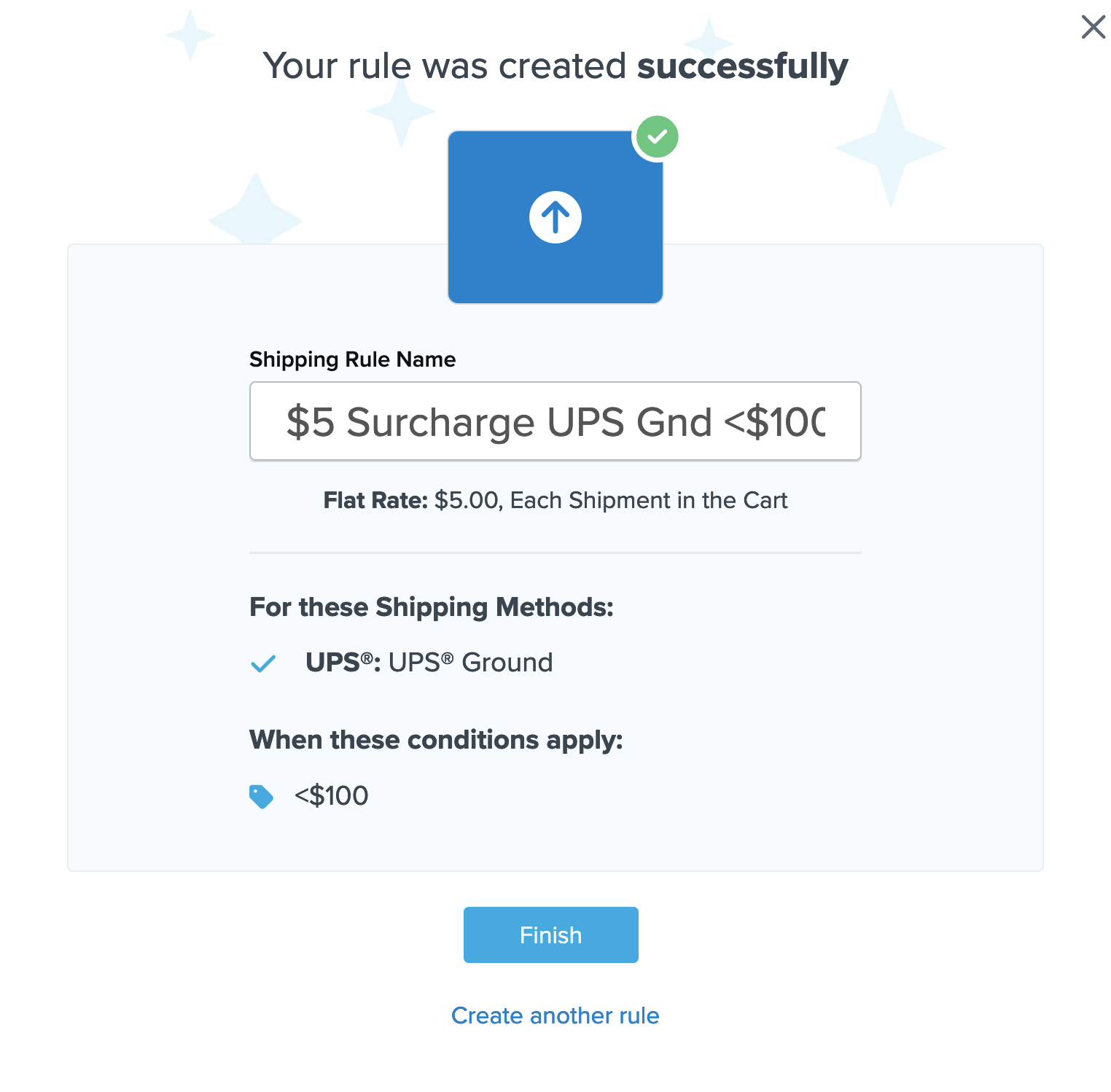 Example showing summary of a shipping rule before finishing the setup.