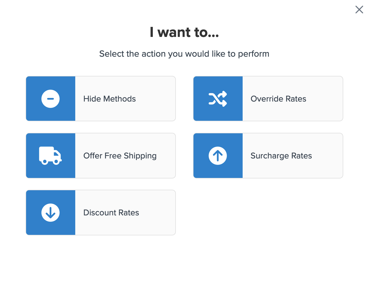 List of actions that can be performed through a shipping rule. For example, Hide shipping methods.