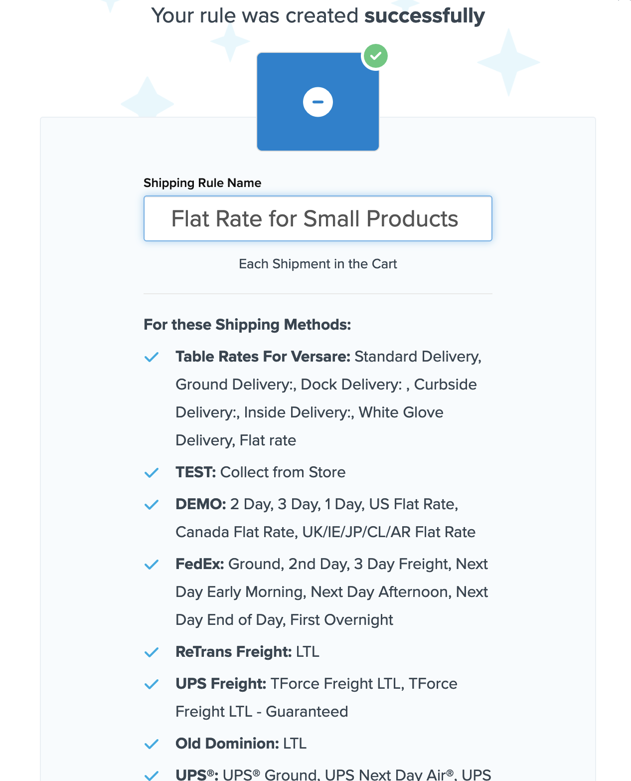 Example showing summary of the shipping rule.