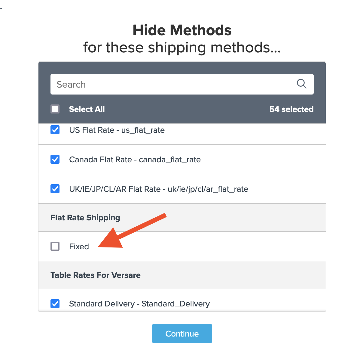 Example of selecting all shipping methods except flat rate for this use case.