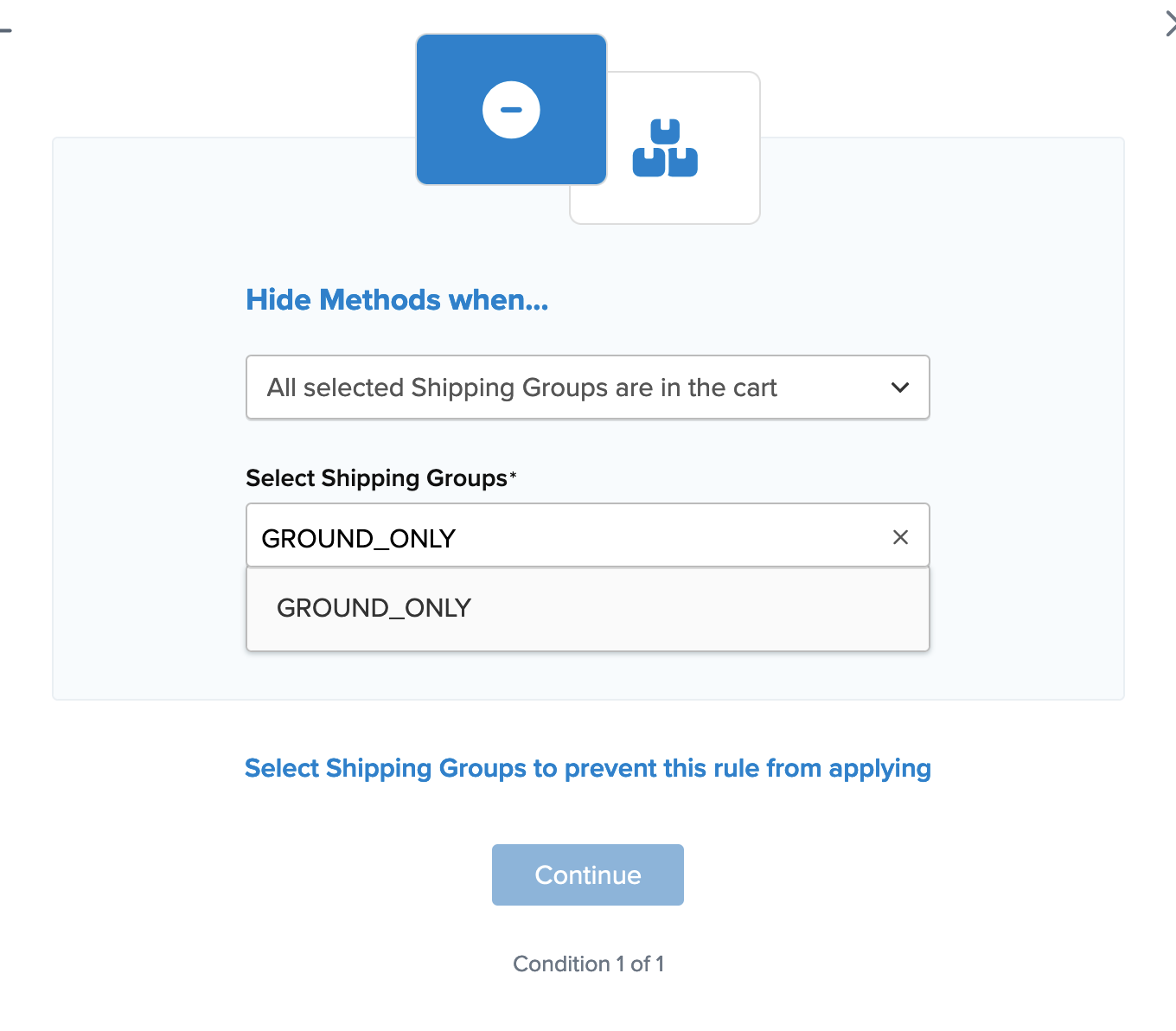 Example showing how to configure shipping group for the rule.