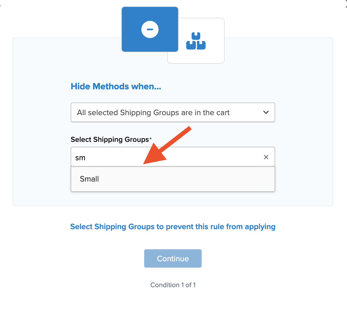 Example showing how to select shipping group as a condition for the rule.