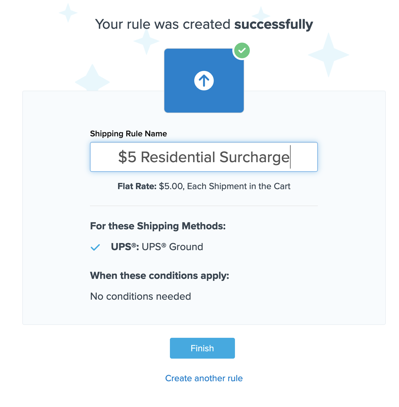 Example showing summary of the shipping rule before clicking on Finish to make the rule active.