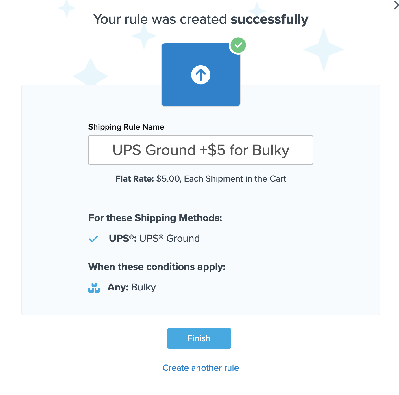 Sample showing summary of the surcharge rate shipping rule before you click Finish and complete the creation.