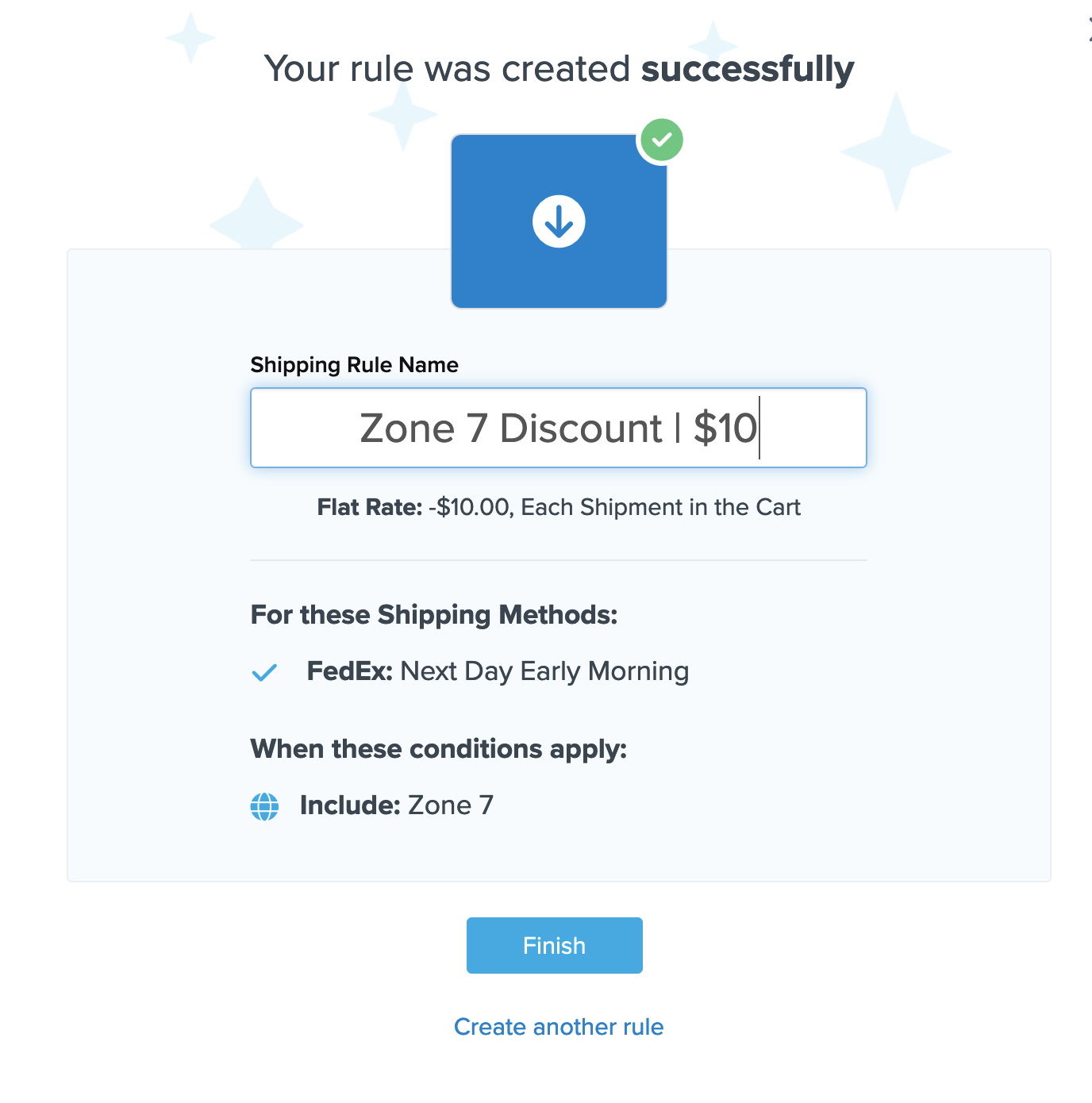 Example of summary of a shipping rule before you click finish and complete the creation of the rule.