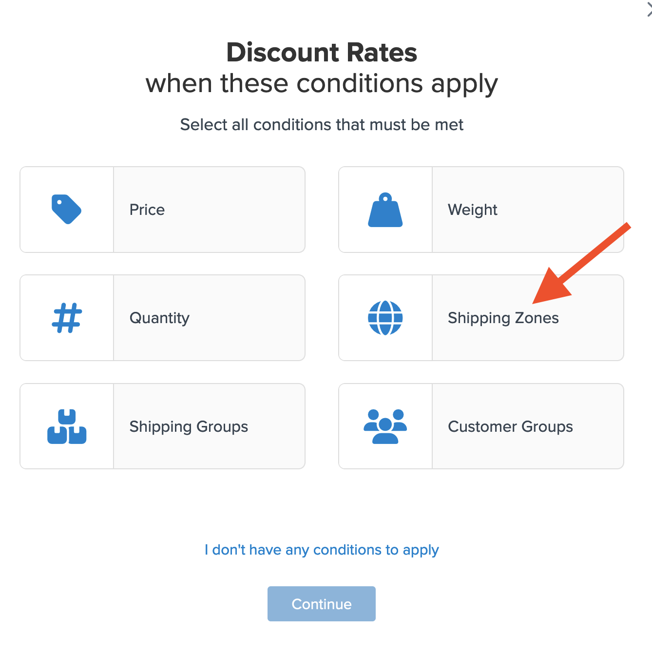 Location to select Shipping Zones as a condition to apply discount rule to specific zones only.