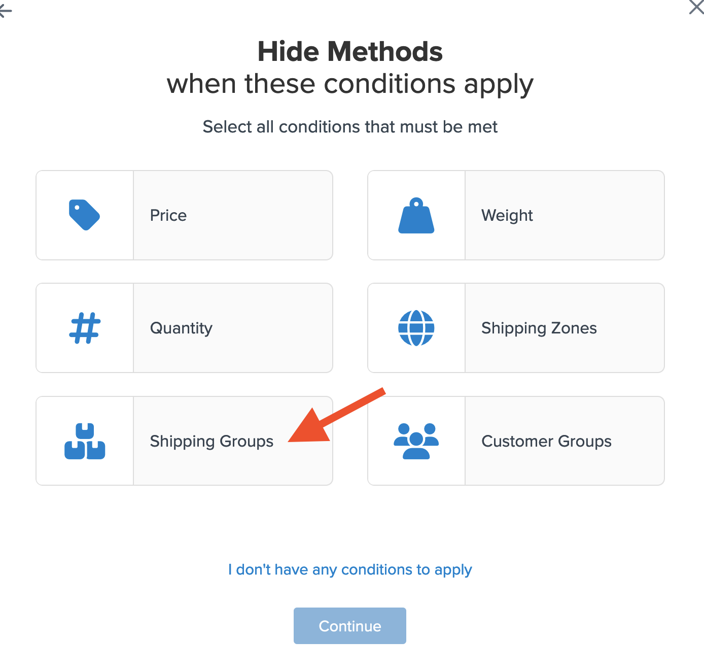 Location to select Shipping Groups as a condition for the rule to apply.