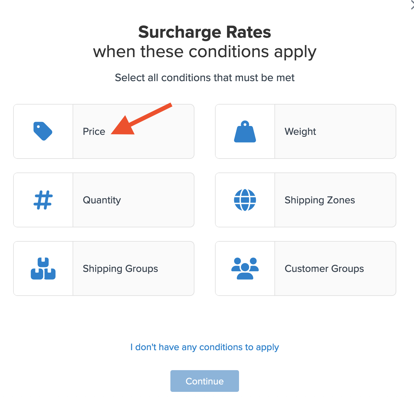 Location to select conditions for the shipping rule to apply. For example, in this case condition is Price.