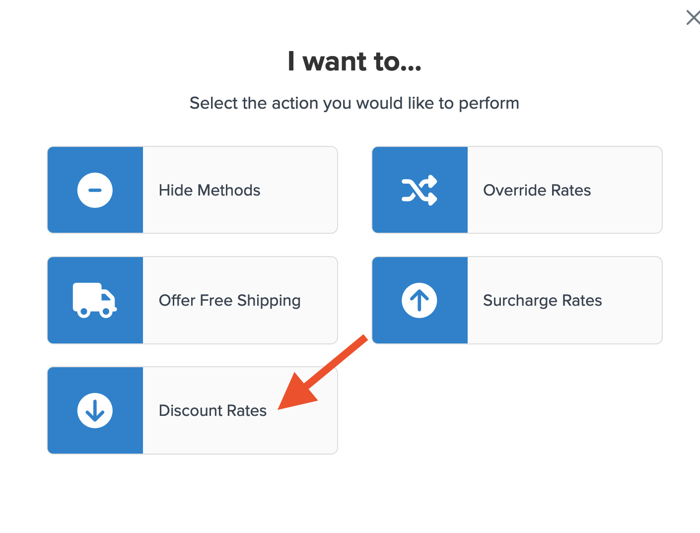 Location to select Discount Rates as the action for shipping rule.