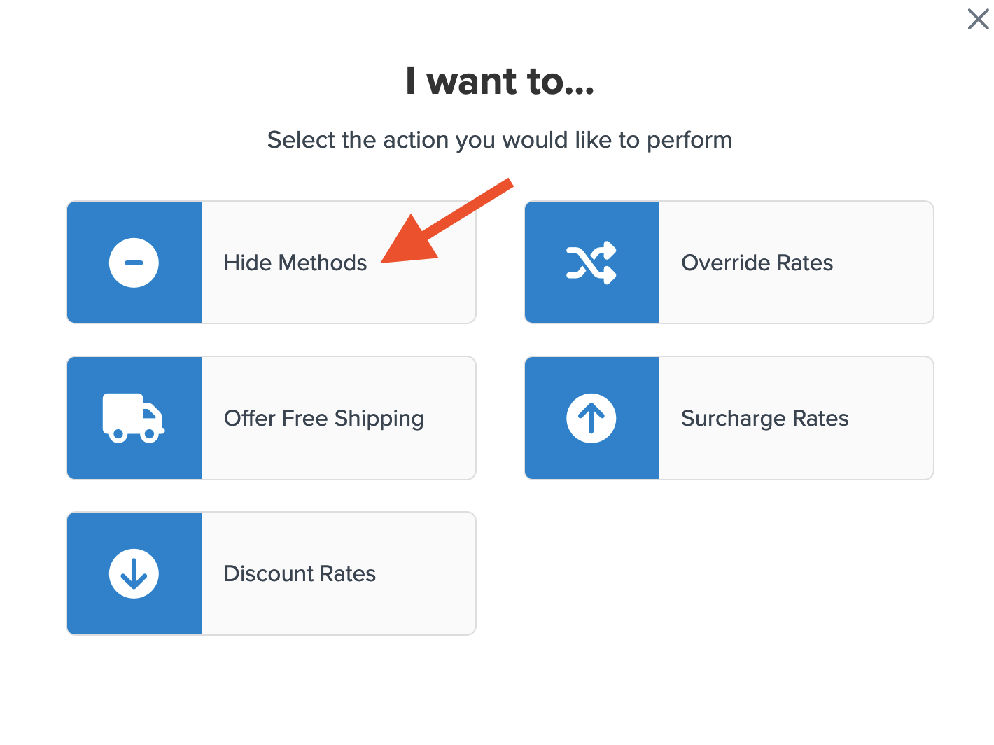 Example showing location of Hide Methods action when creating a new shipping rule.