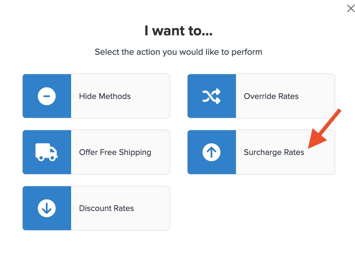 Location to select Surcharge Rates as the action to begin creating a surcharge rule.