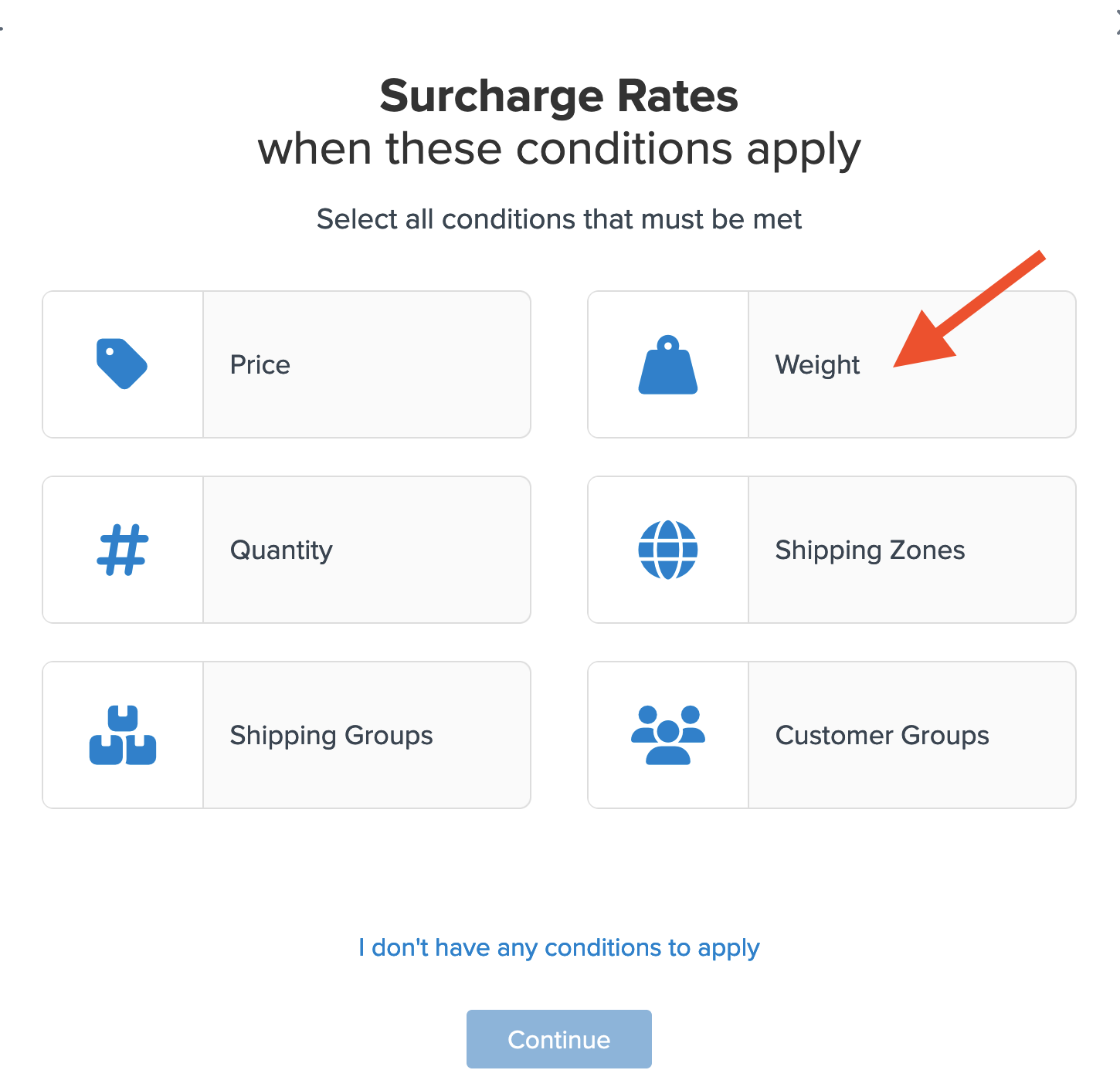 Location to select Weight as the condition for the surcharge shipping rule.