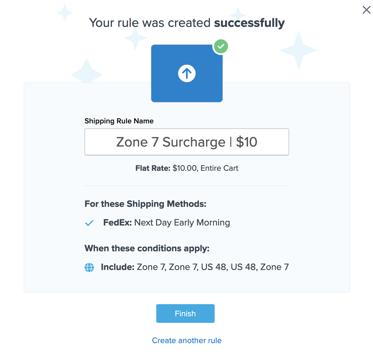 Example showing the summary of a shipping rule before you click Finish to enable it.