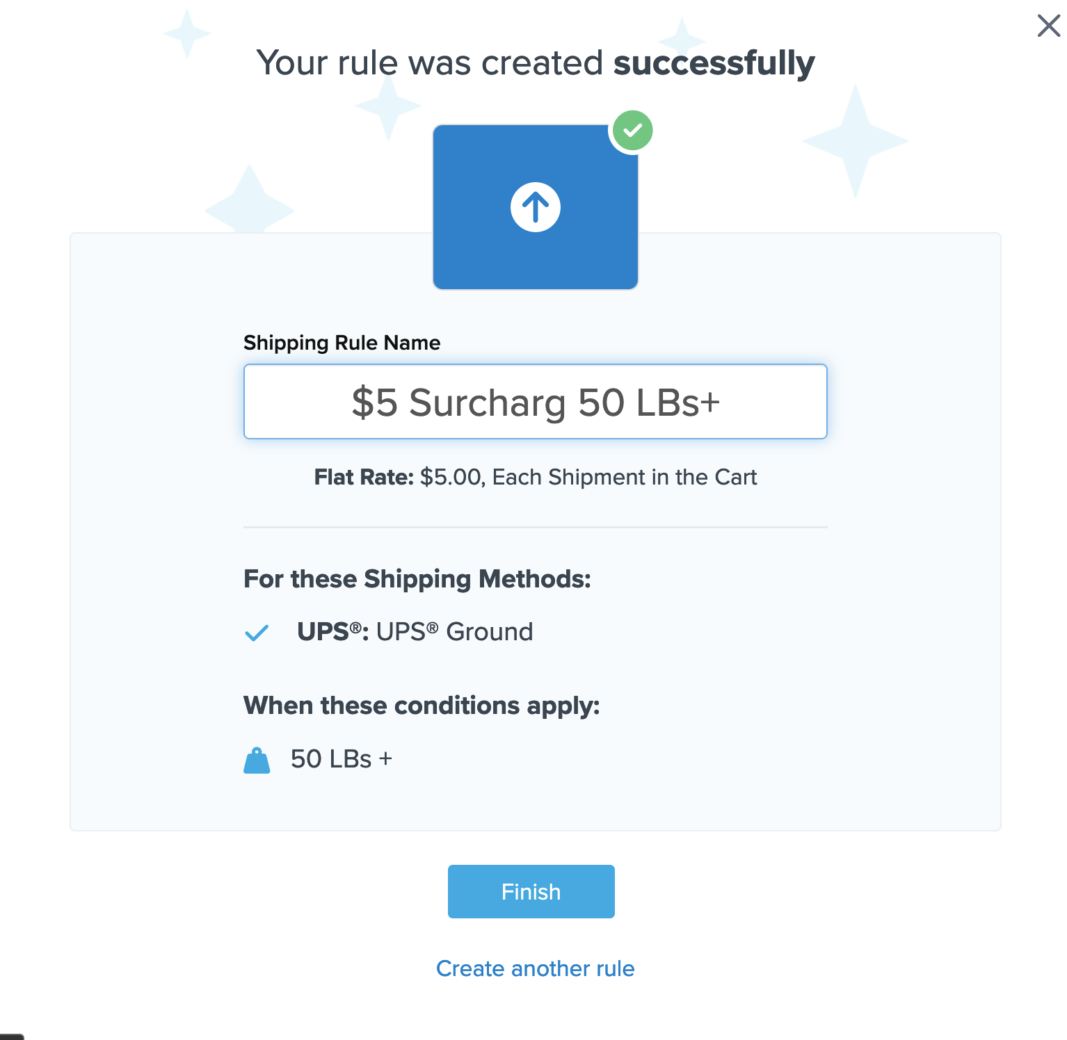 Sample showing the summary of a shipping rule before you click Finish and complete the rule creation.