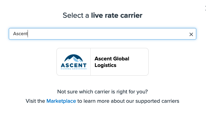 Example showing how to search a carrier. In this example, we searched for Ascent Global Logistics.