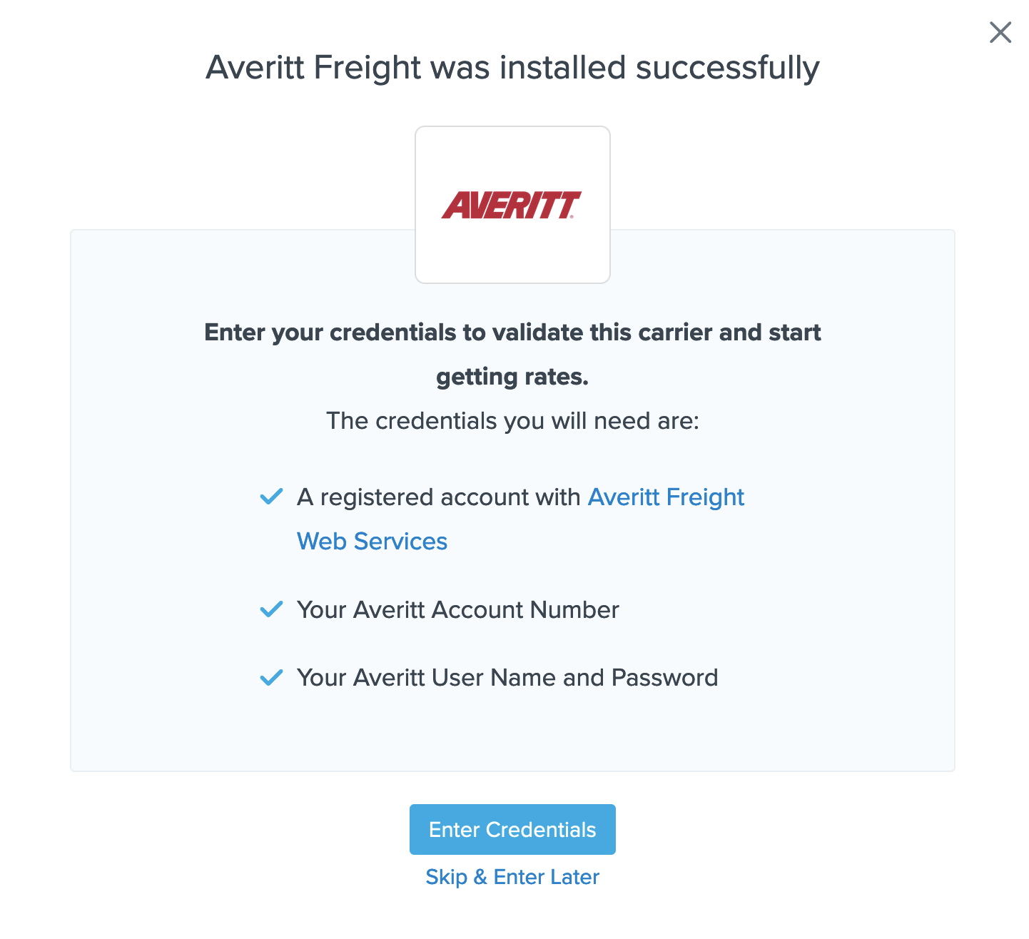 Select Averitt Freight to install the carrier.