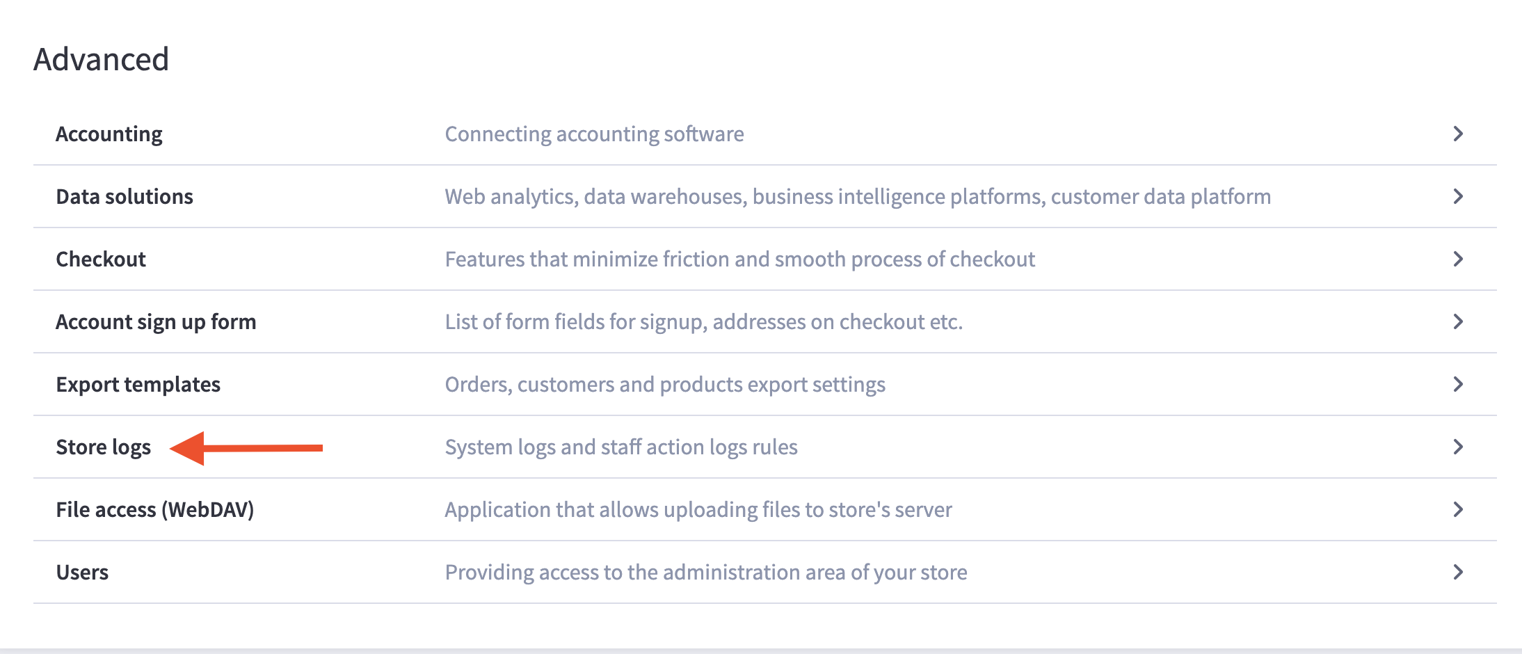 Location of Store logs under Advanced menu on BigCommerce portal.