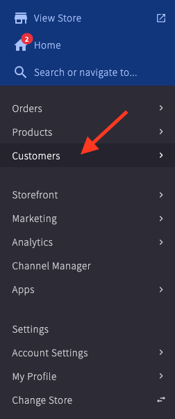 Location of Customers tab on BigCommerce portal.