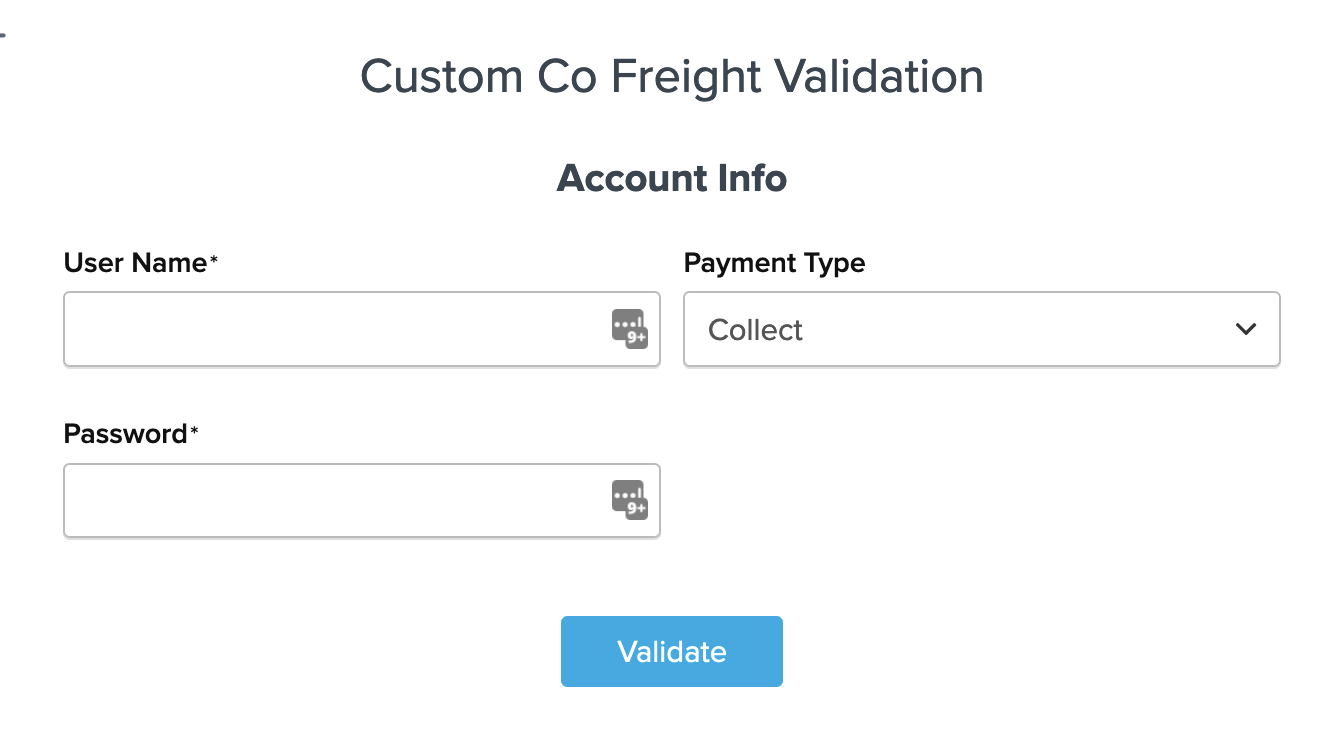 Location to enter credentials and validate the carrier.