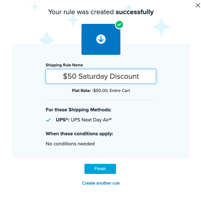 Example showing summary of the shipping rule before clicking on Finish to complete the rule creation.