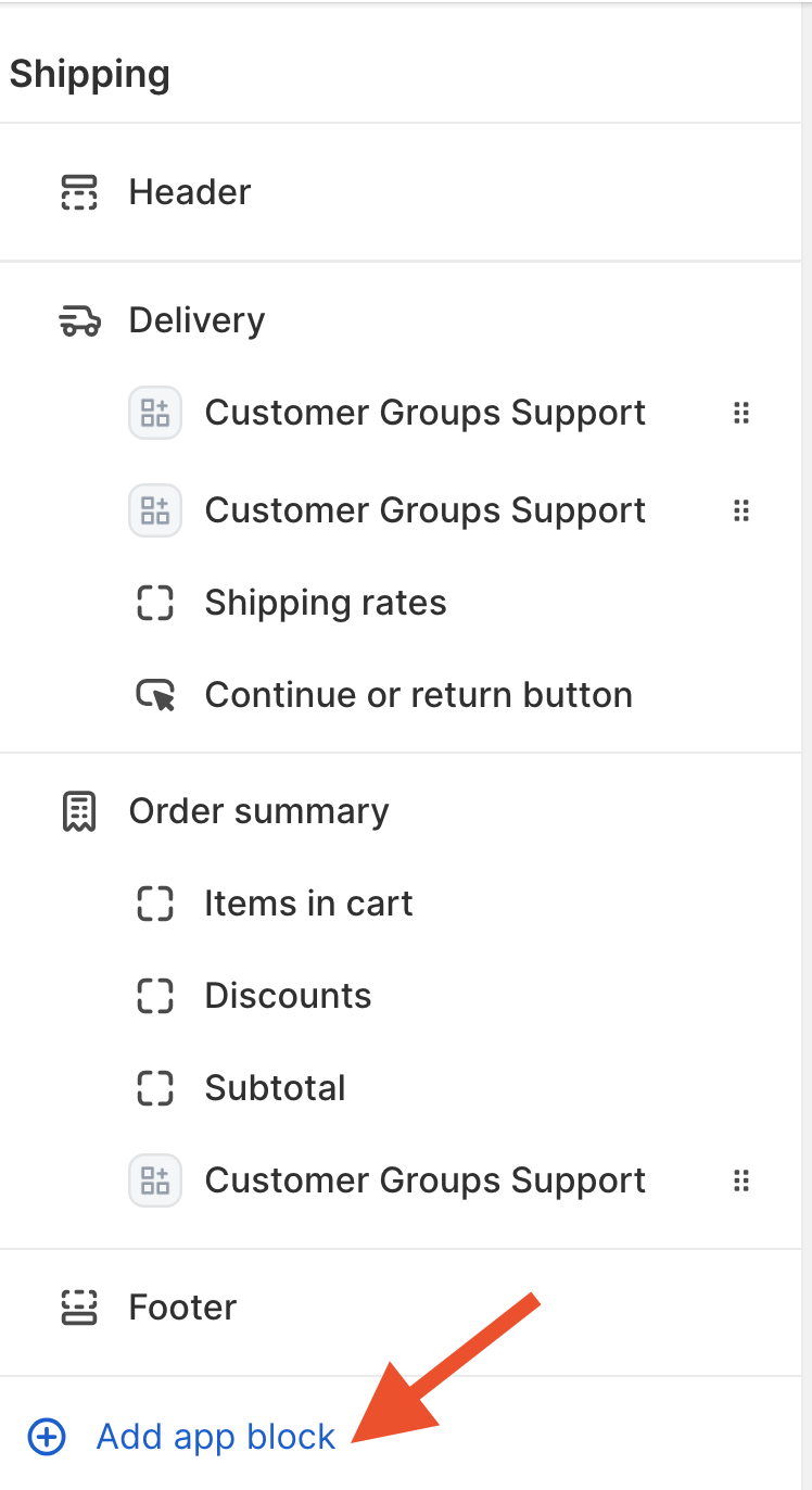 Location to select Add app block to enable SHQ Customer groups.