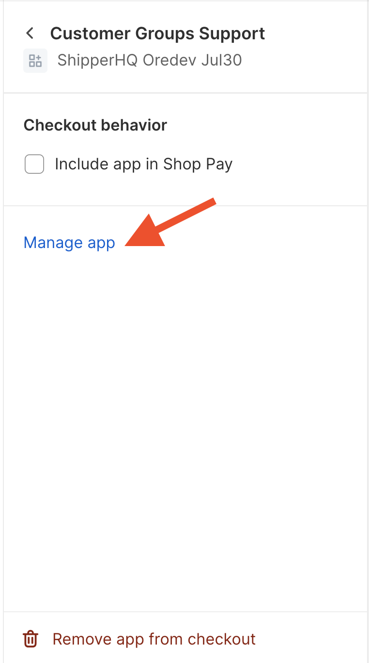 Location to select Manage app to login to ShipperHQ app.