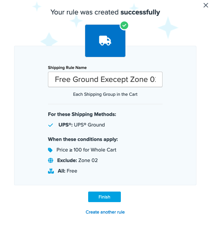 Example showing summary of the shipping rule displayed before clicking on Finish to complete the creation of rule.