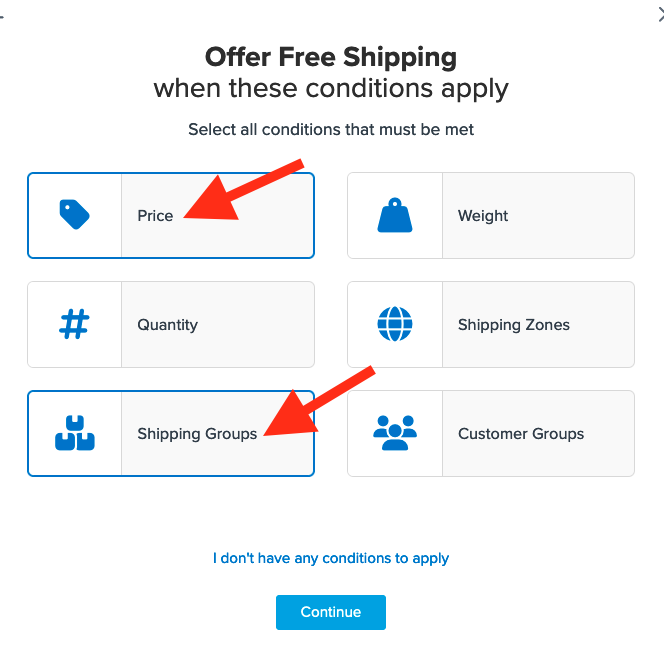 Select conditions on which free shipping rule will apply. In this case, its price and shipping groups.