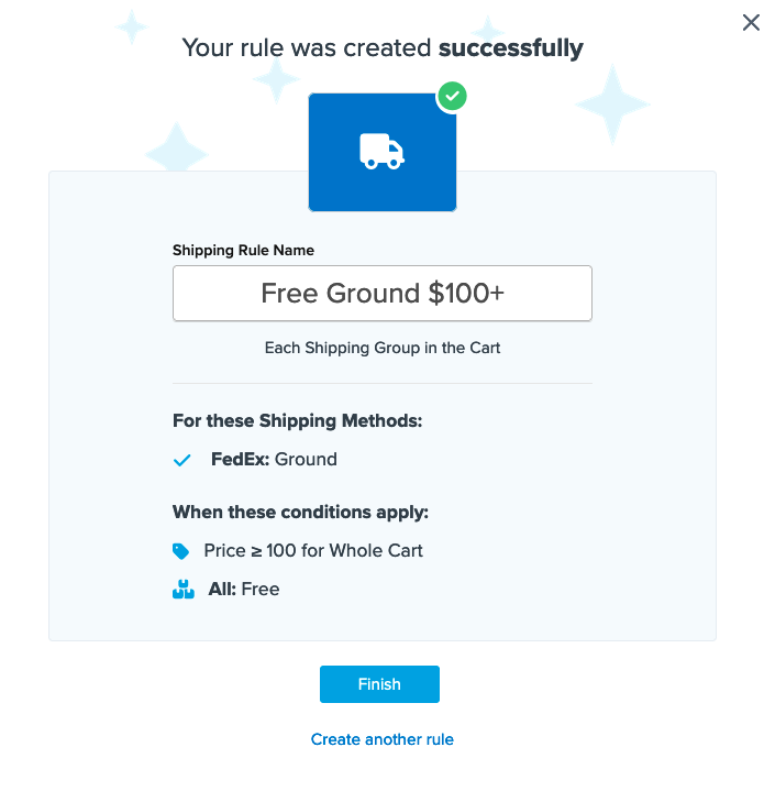 Sample summary of a free shipping rule before you click on Finish and make it active.
