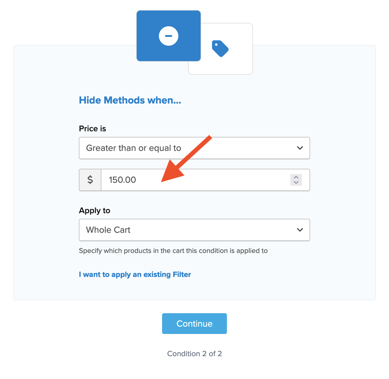 Example showing how to configure price condition for the rule to apply and how it would apply to the cart.