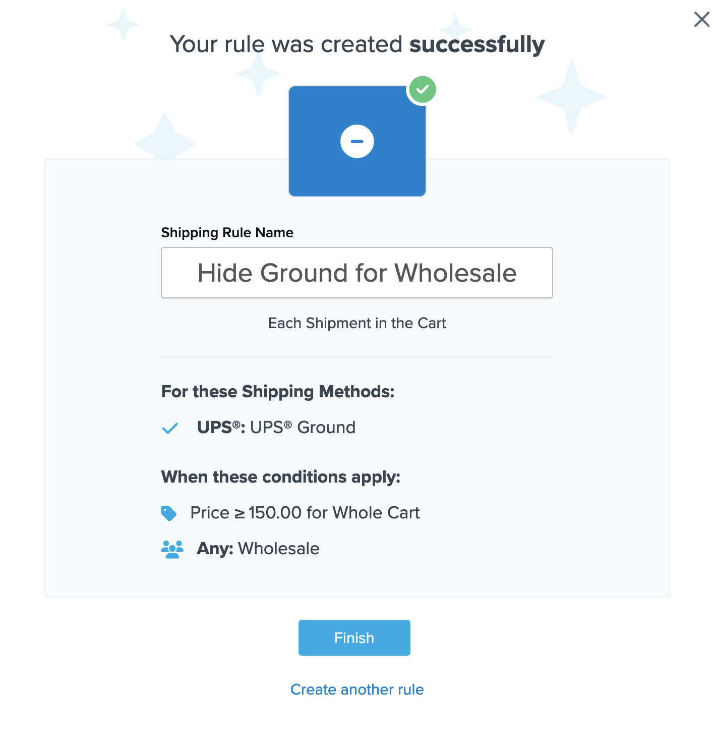 Example showing summary of the shipping rule before making it live by clicking on Finish.