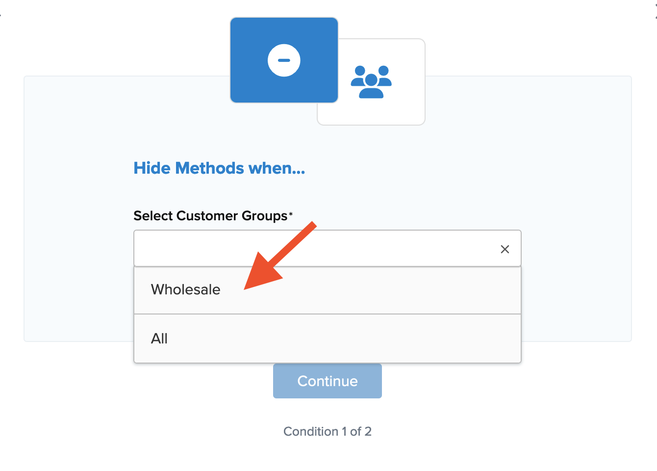 Example showing how to select Customer Group for the rule.