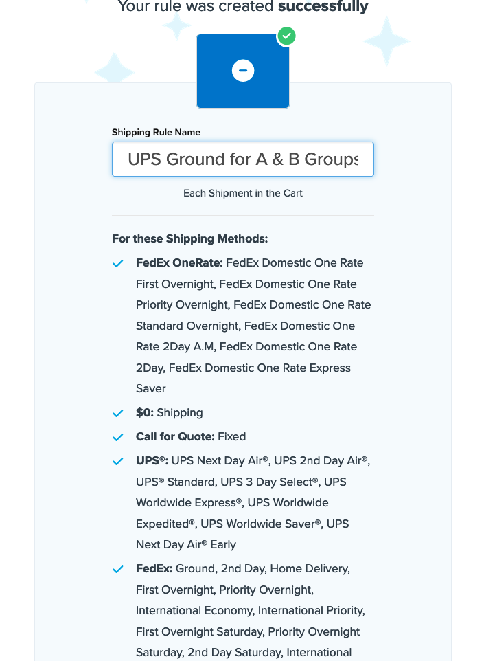 Example showing summary of a shipping rule before it is made live by clicking on Finish.