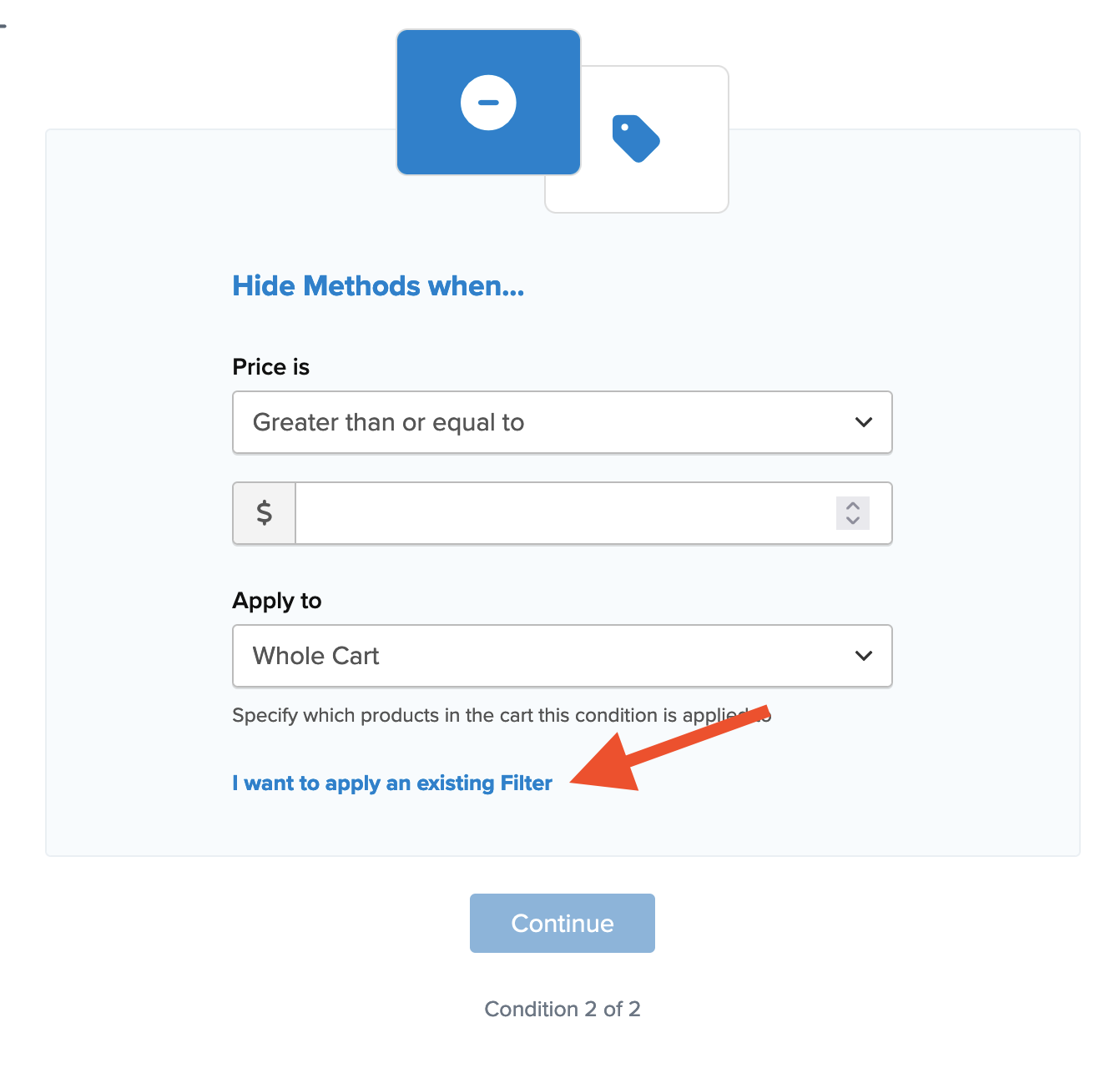 Setting to create a new price filter for the shipping rule.