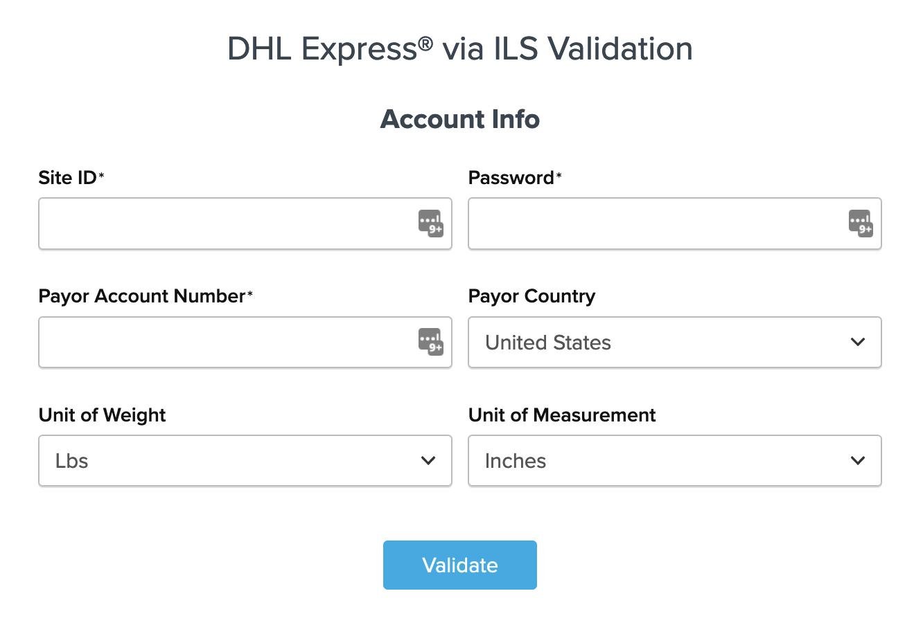 Example showing the details to be entered to validate the carrier.