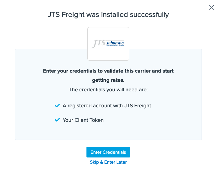 Success message after the carrier has been installed. Enter credentials to validate the carrier.